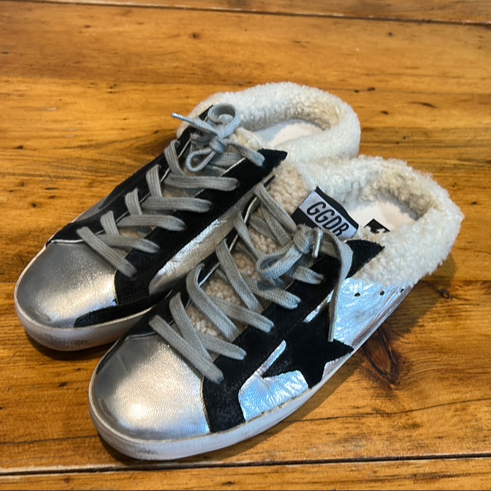 Golden Goose Silver and Black Shearling Sneakers size 38